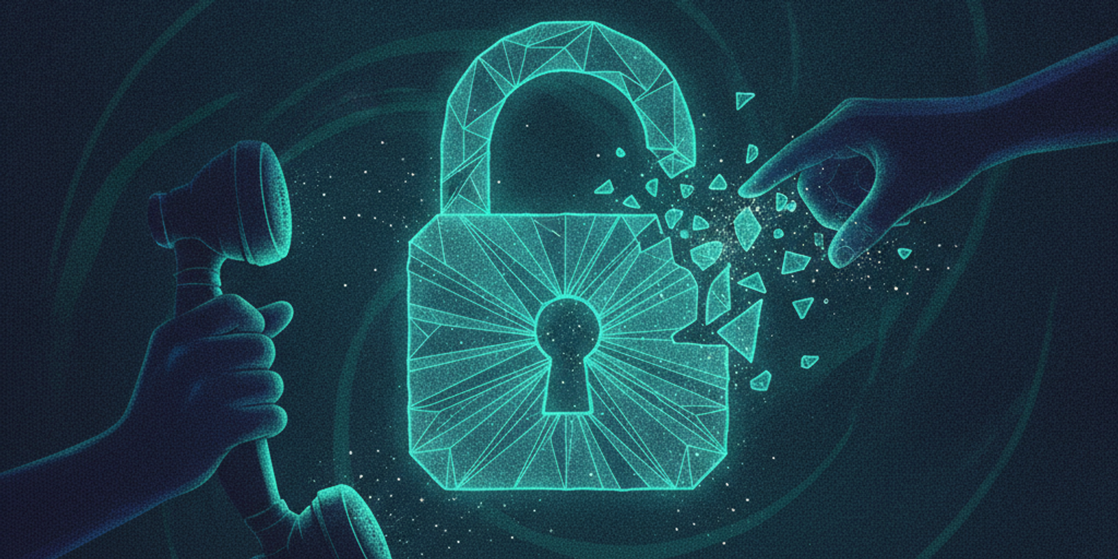 Editorial illustration of a wireframe padlock being dismantled by shadowy hands holding a telephone receiver.