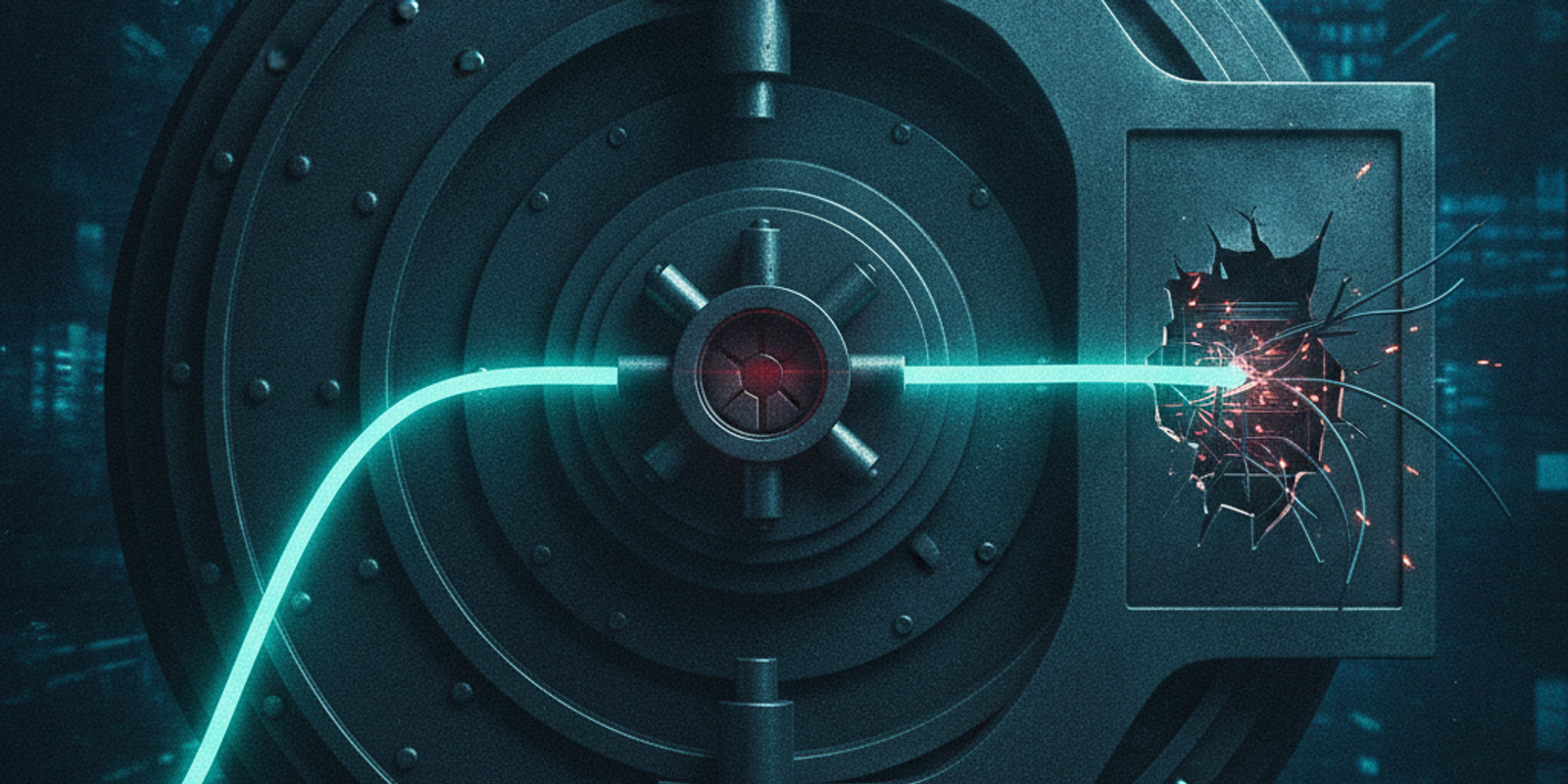 A steel vault with a glowing neon bypass wire illustrating a compromised security perimeter.