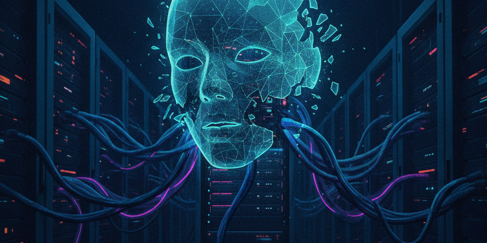 An abstract illustration of a digital mask revealing server infrastructure.