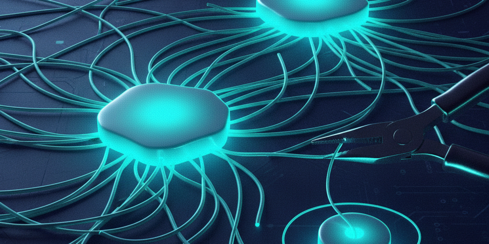 An illustration of tangled wires (SPF lookups) connecting various email services, with an engineer's tool carefully prun