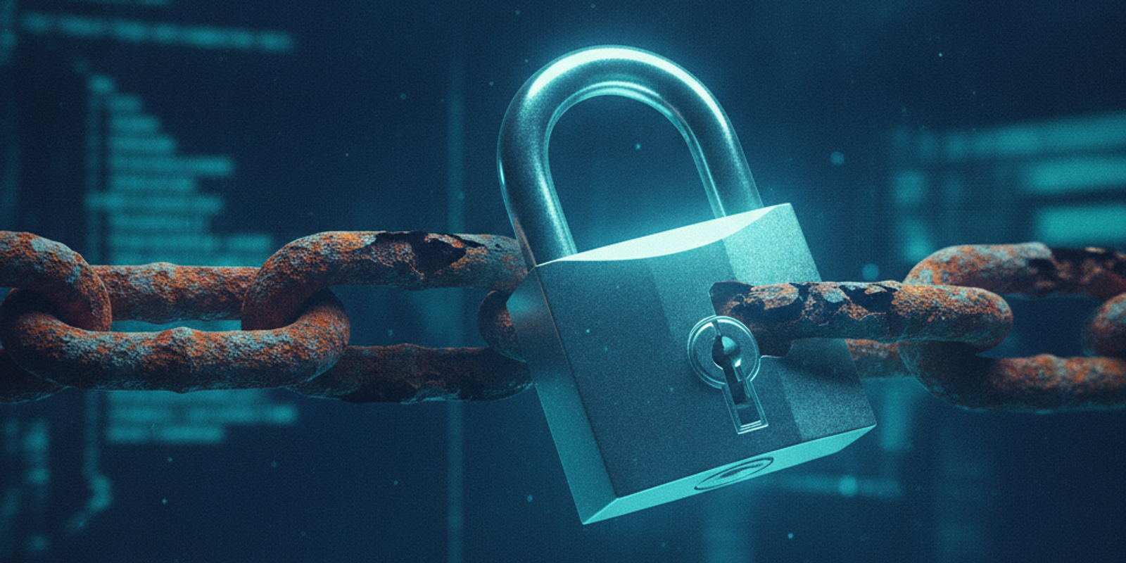 A pristine glowing padlock attached to a rusted chain, symbolizing perfect authentication on compromised infrastructure.