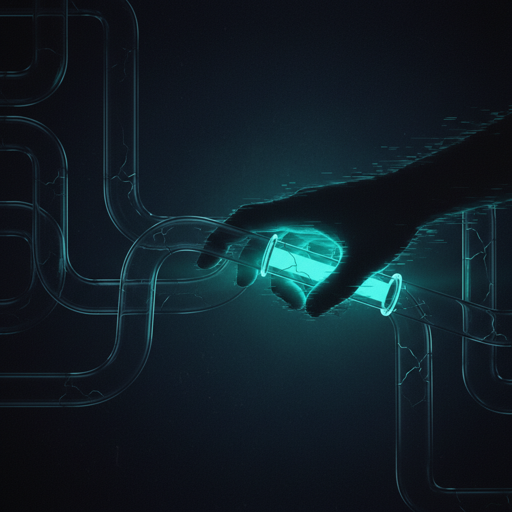 An abstract illustration showing a shadowy figure attempting to break a glass pipe, which glows with a protective light,