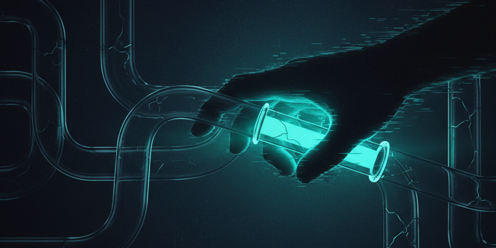 An abstract illustration showing a shadowy figure attempting to break a glass pipe, which glows with a protective light,