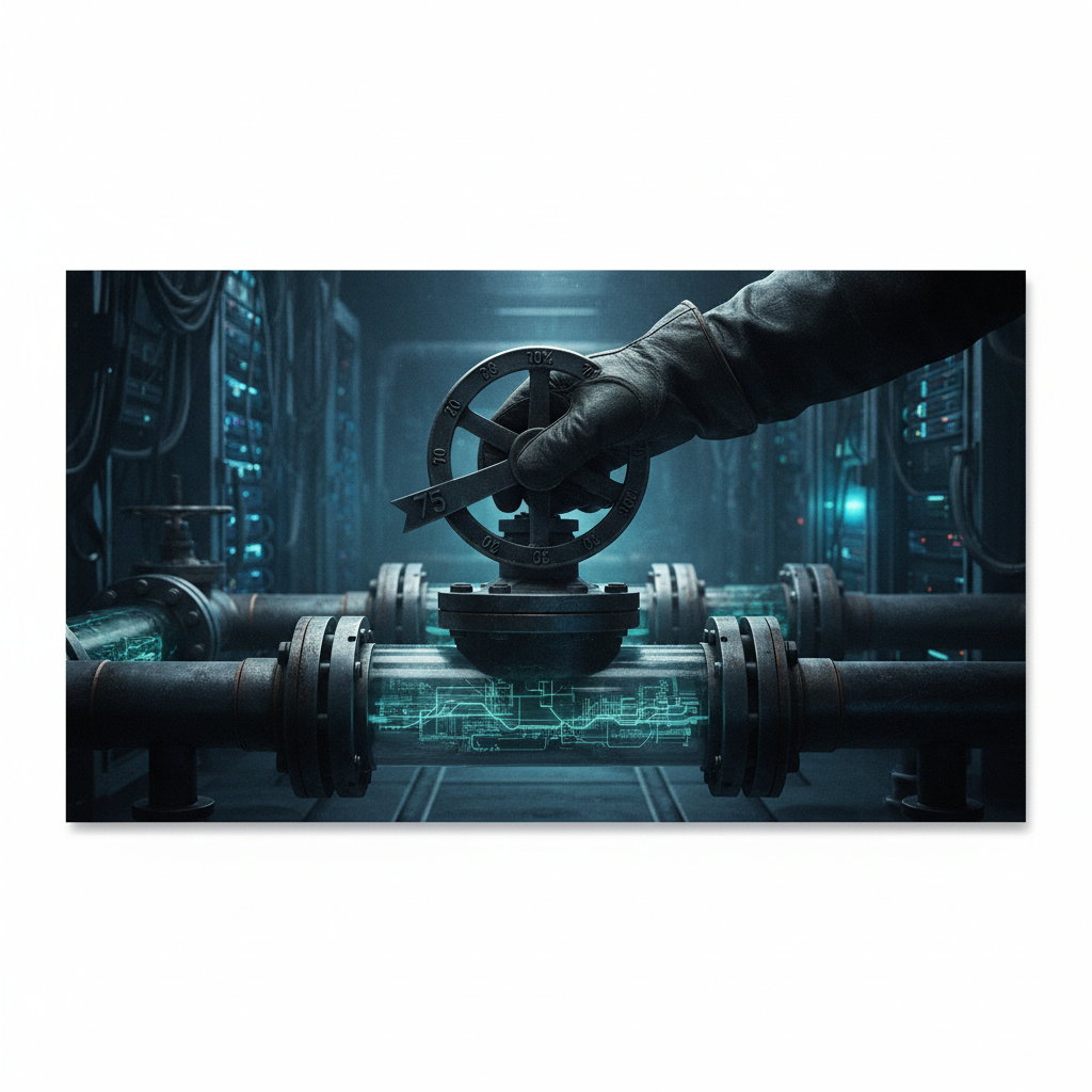 Illustration of a hand slowly turning a valve on a data pipe, symbolizing a gradual DMARC rollout from 0% to 100%.