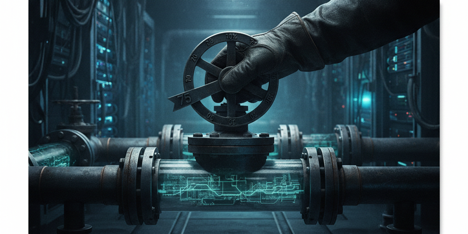 Illustration of a hand slowly turning a valve on a data pipe, symbolizing a gradual DMARC rollout from 0% to 100%.