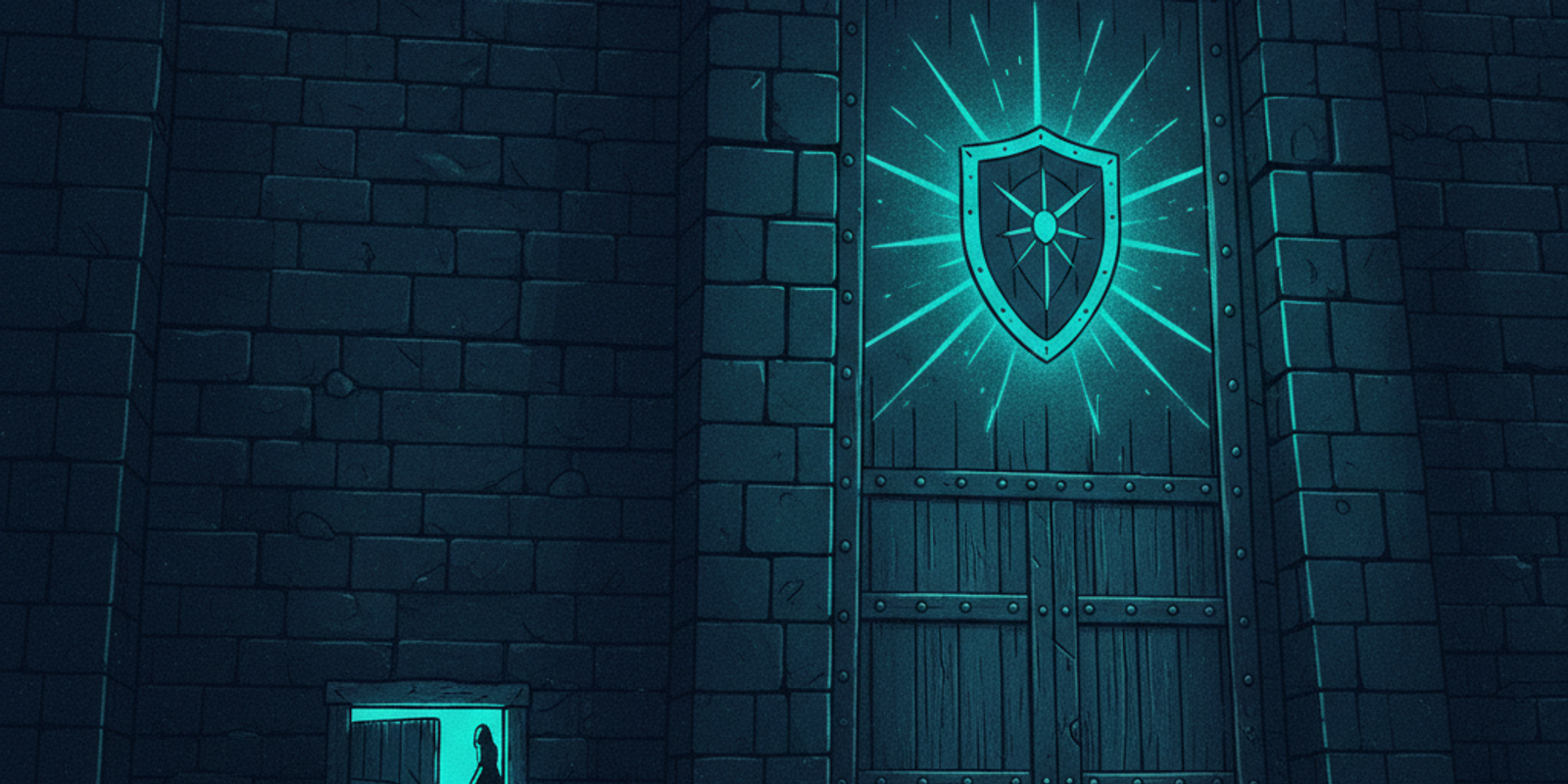 Illustration of a fortress representing a DMARC-protected domain, with a small, forgotten side door allowing threats to