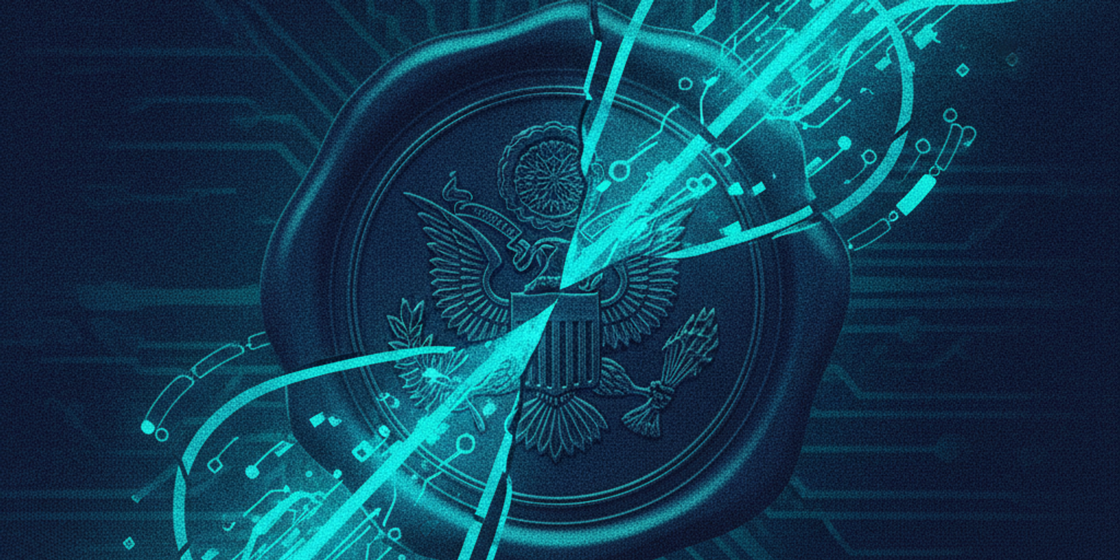 Editorial illustration of a government wax seal broken by digital code.
