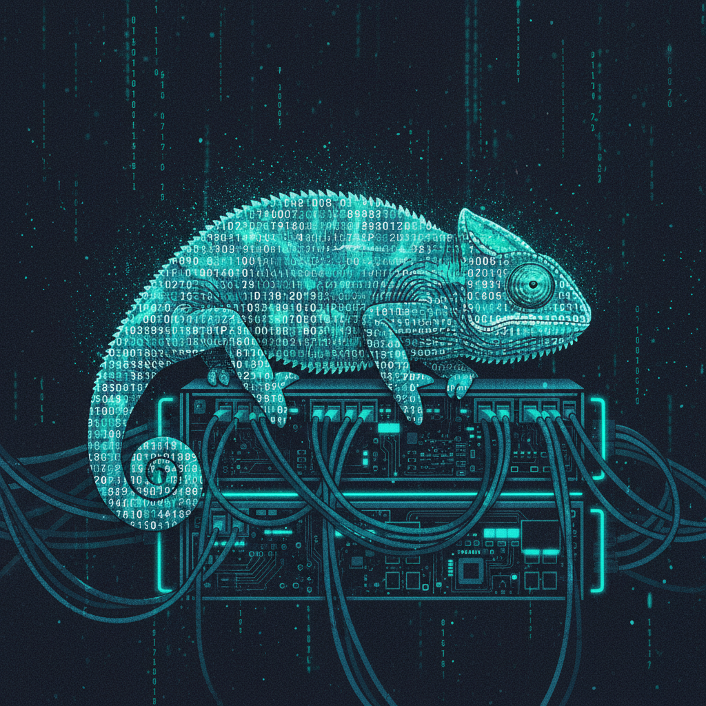 An editorial illustration of a chameleon made of shifting IP addresses camouflaging itself against a server rack, repres