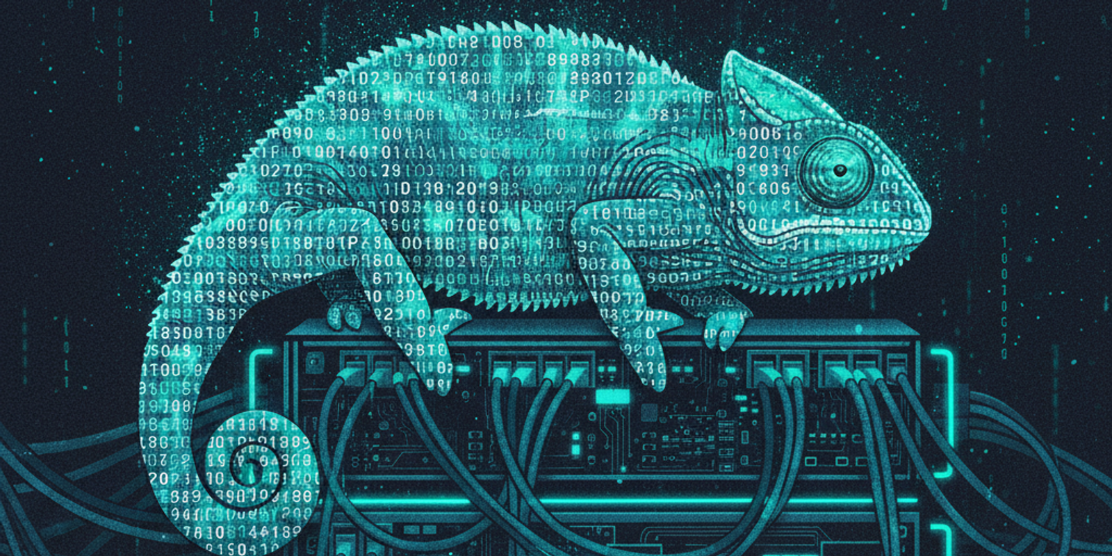 An editorial illustration of a chameleon made of shifting IP addresses camouflaging itself against a server rack, repres