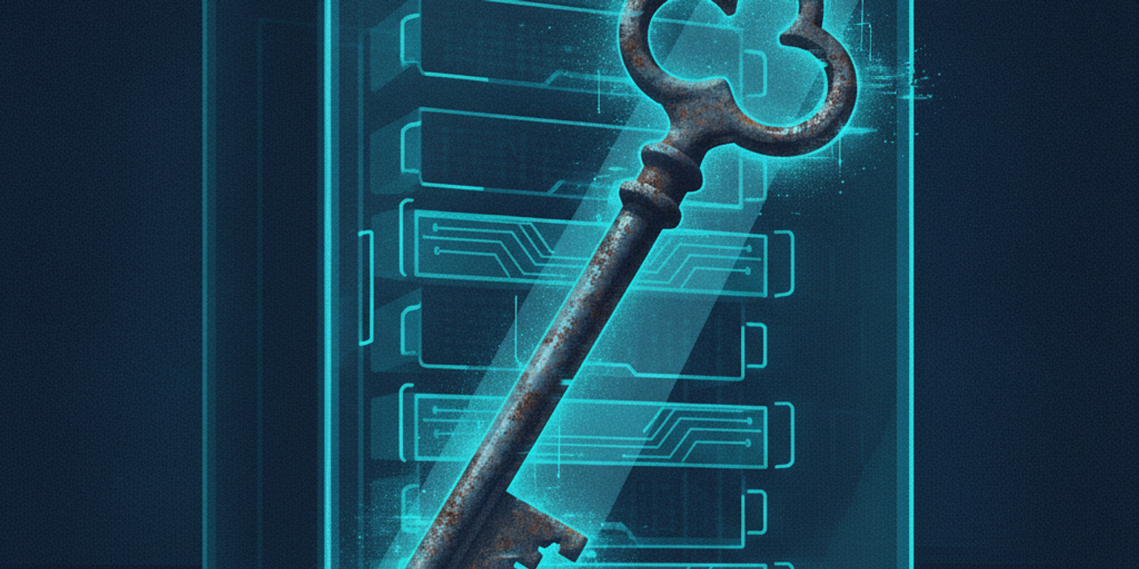 A rusted skeleton key glowing with digital static rests on a pristine server rack.