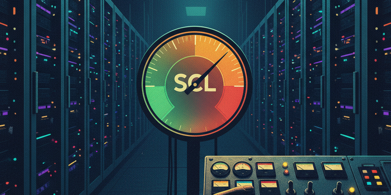 An illustration showing a gauge for Microsoft's Spam Confidence Level (SCL) with a needle between safe and unsafe, symbo