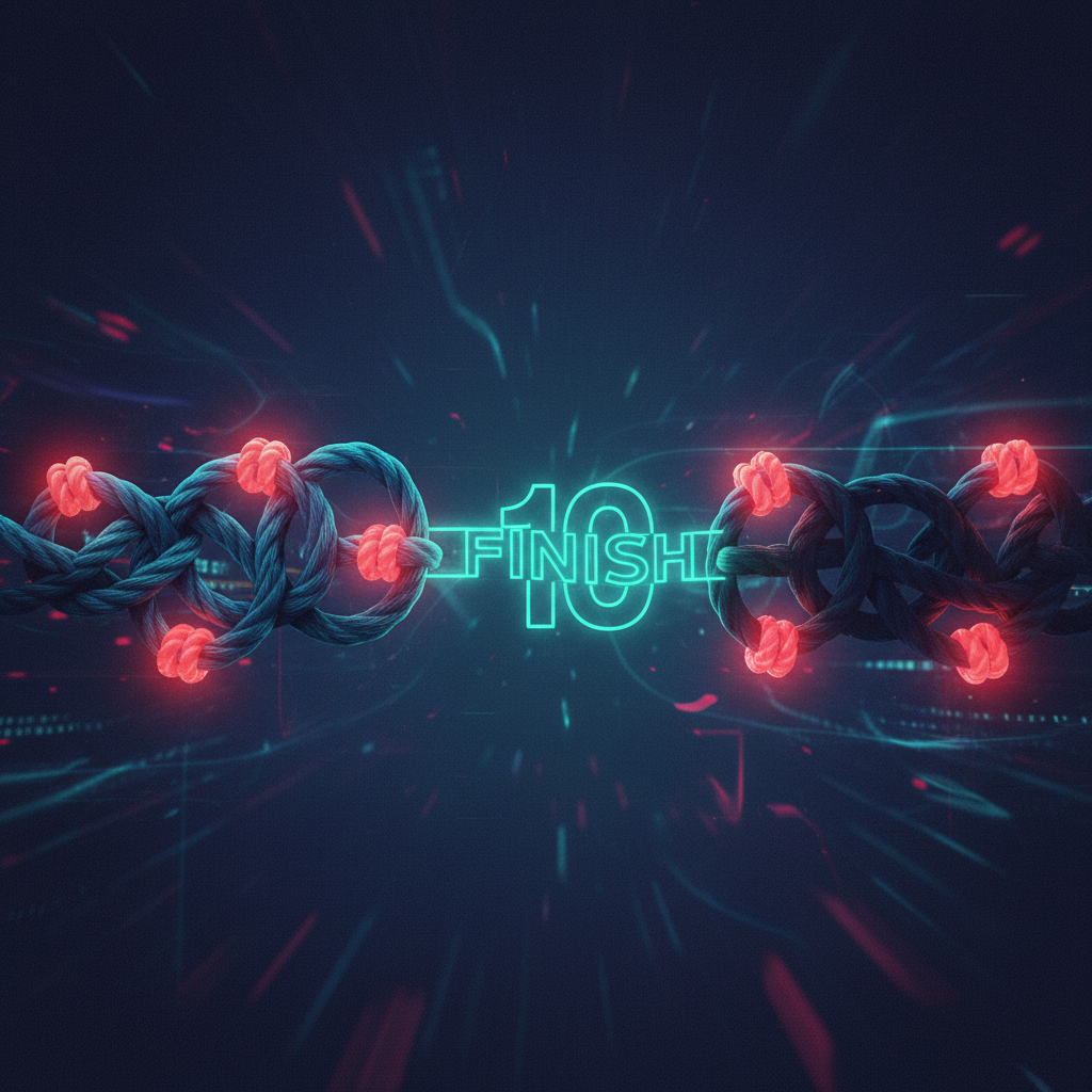 An editorial illustration showing a tangled string with 12 knots, representing an SPF record exceeding its 10-lookup lim