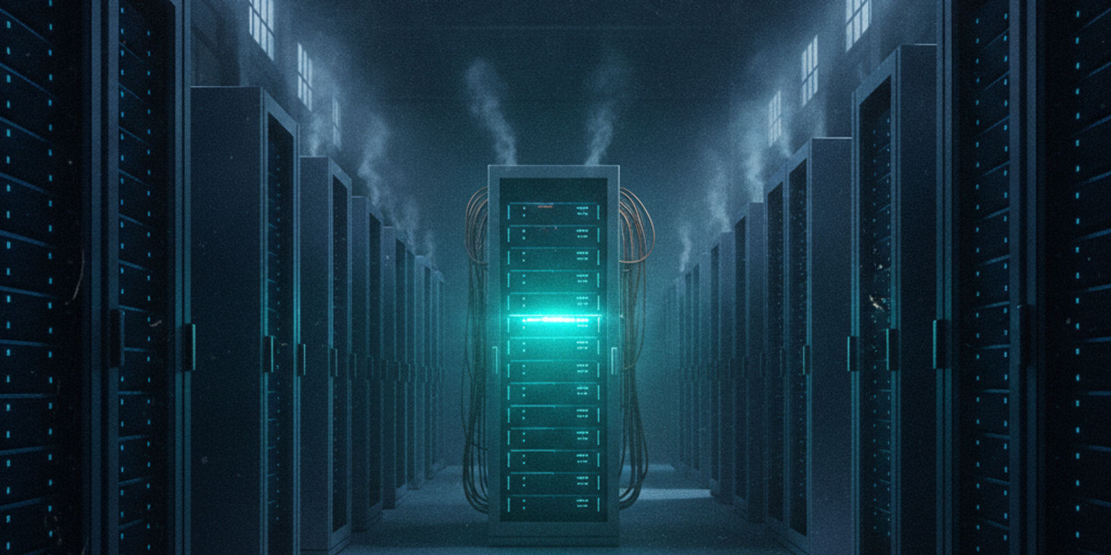 A dark server room with a single glowing, malicious server blade standing out from the rest.