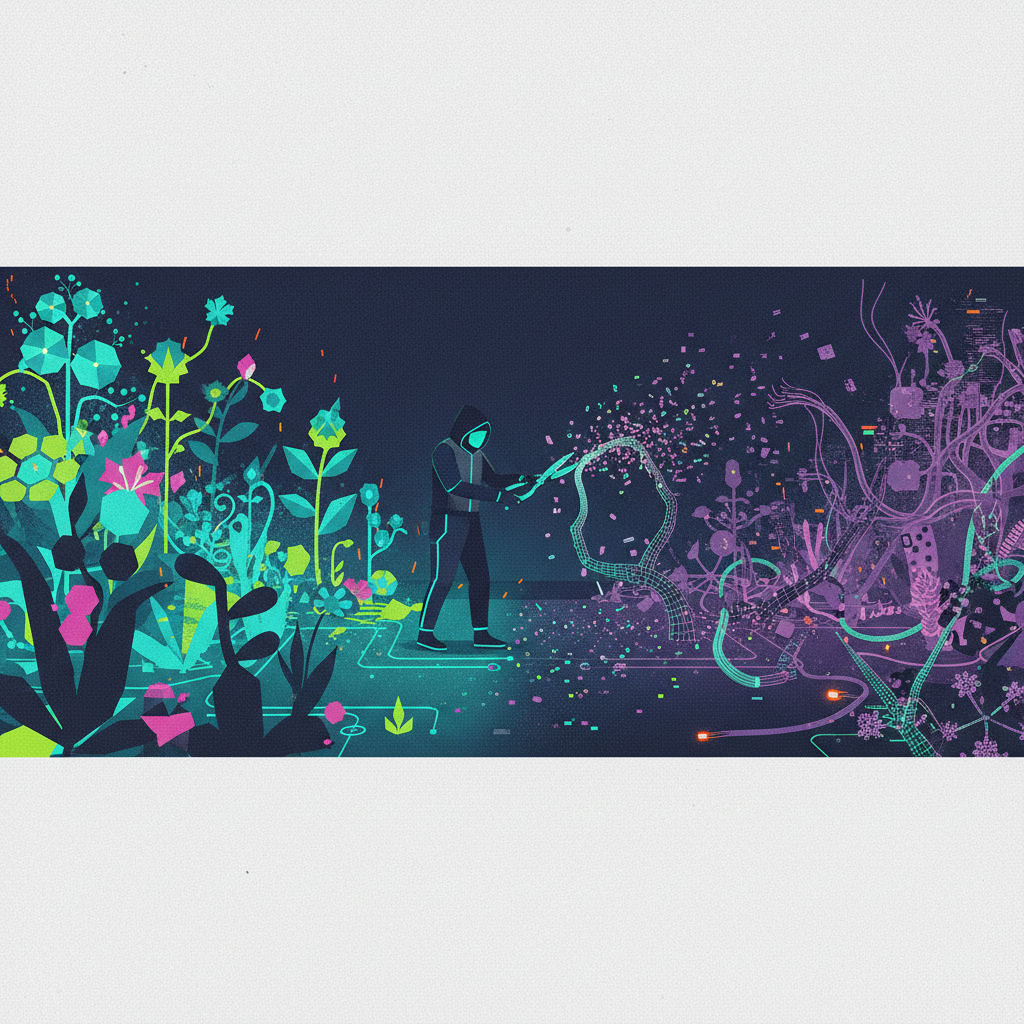 An editorial illustration of a digital garden being pruned of its overgrown, zombie-like sections, representing DKIM key