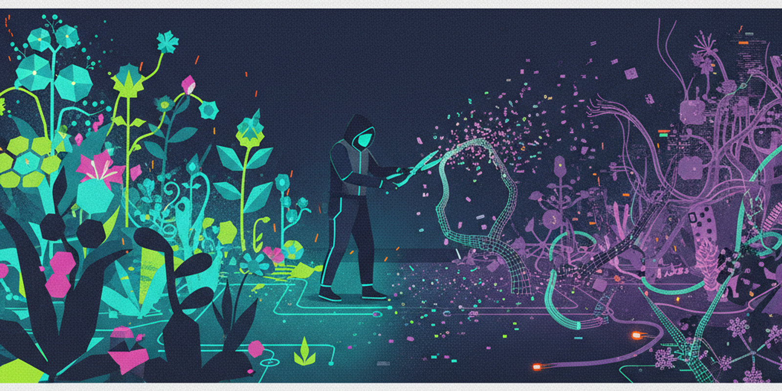An editorial illustration of a digital garden being pruned of its overgrown, zombie-like sections, representing DKIM key