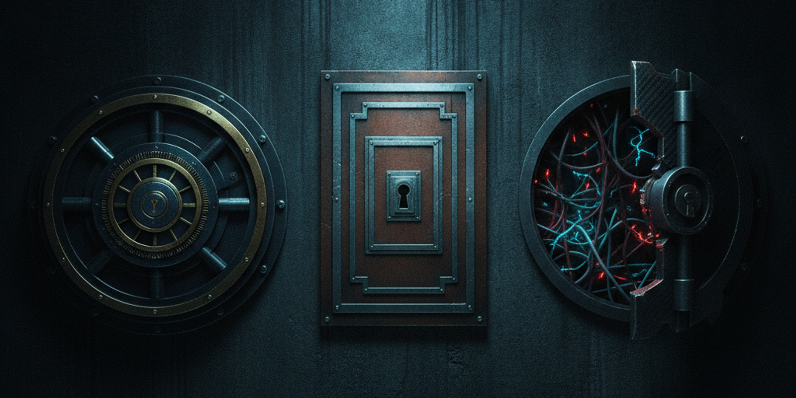 Three different metallic vault doors in a dark concrete wall, representing different security configurations.