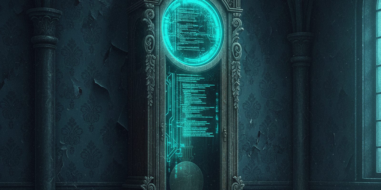 A vintage grandfather clock is shown with a glowing blue digital display of code, symbolizing an old domain used for a m