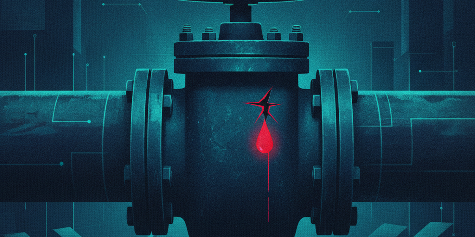 Dark industrial valve clamping down on a glowing data pipeline with a small red leak