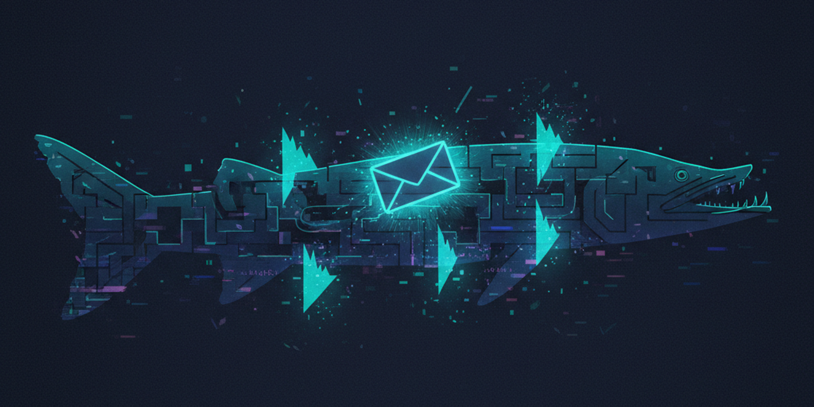 An illustration of a single email navigating a complex maze shaped like a barracuda, representing a false positive black