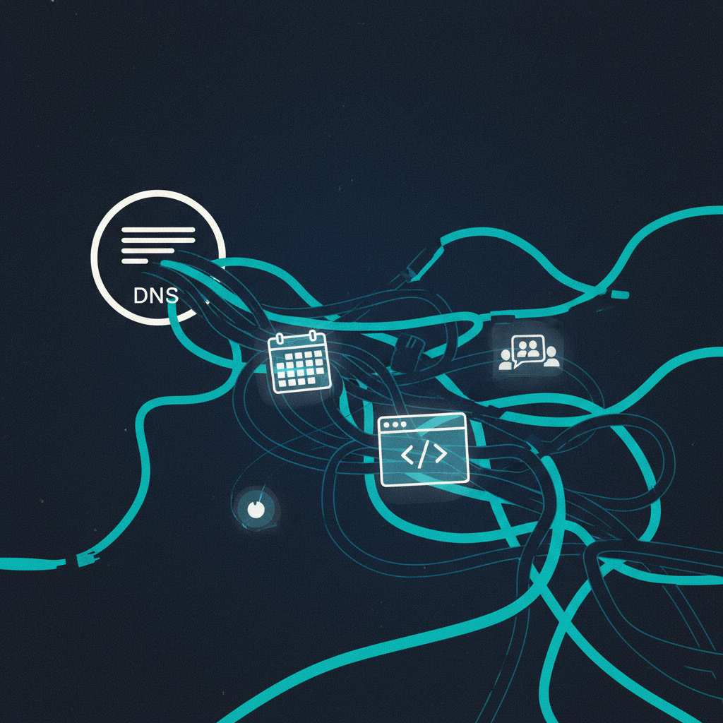 An illustration showing a single DNS record icon from which a complex, glowing tangle of network cables emerges, represe