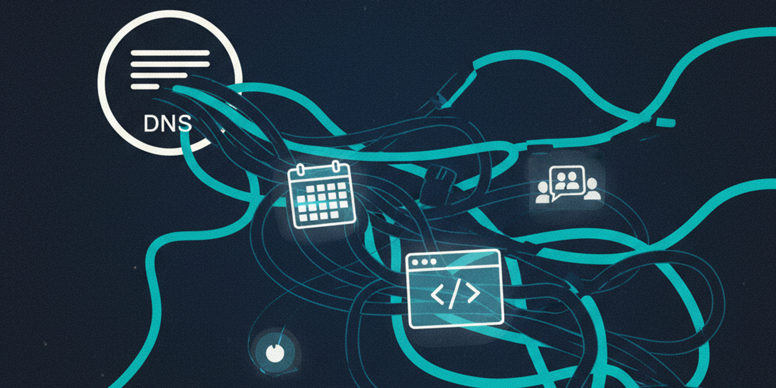An illustration showing a single DNS record icon from which a complex, glowing tangle of network cables emerges, represe