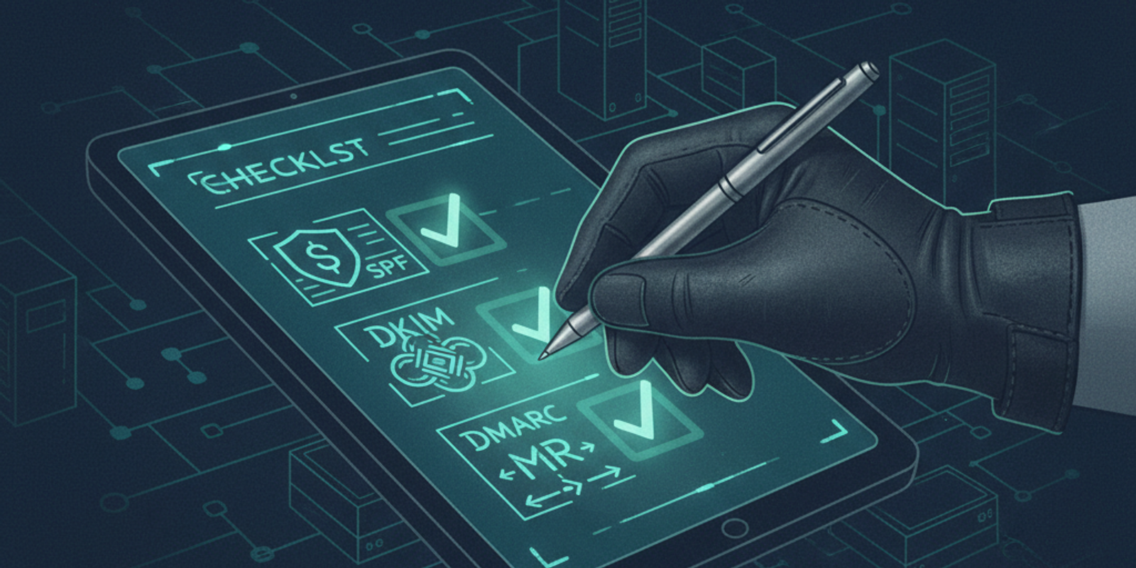 An illustration of a checklist for red team phishing infrastructure, showing diagrams for SPF, DKIM, and DMARC being che