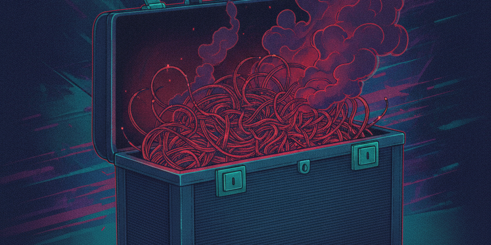 Corporate briefcase opening to reveal glowing red wires and smoke, representing hidden reputational debt in acquired dom