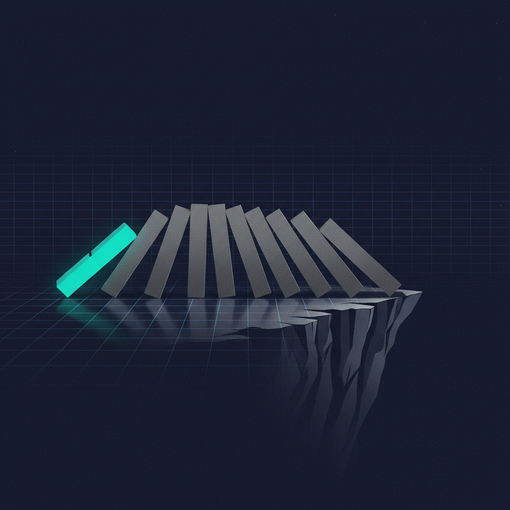 An illustration of the SPF 10-lookup limit showing a chain of dominoes, started by Salesforce, about to fall off a cliff