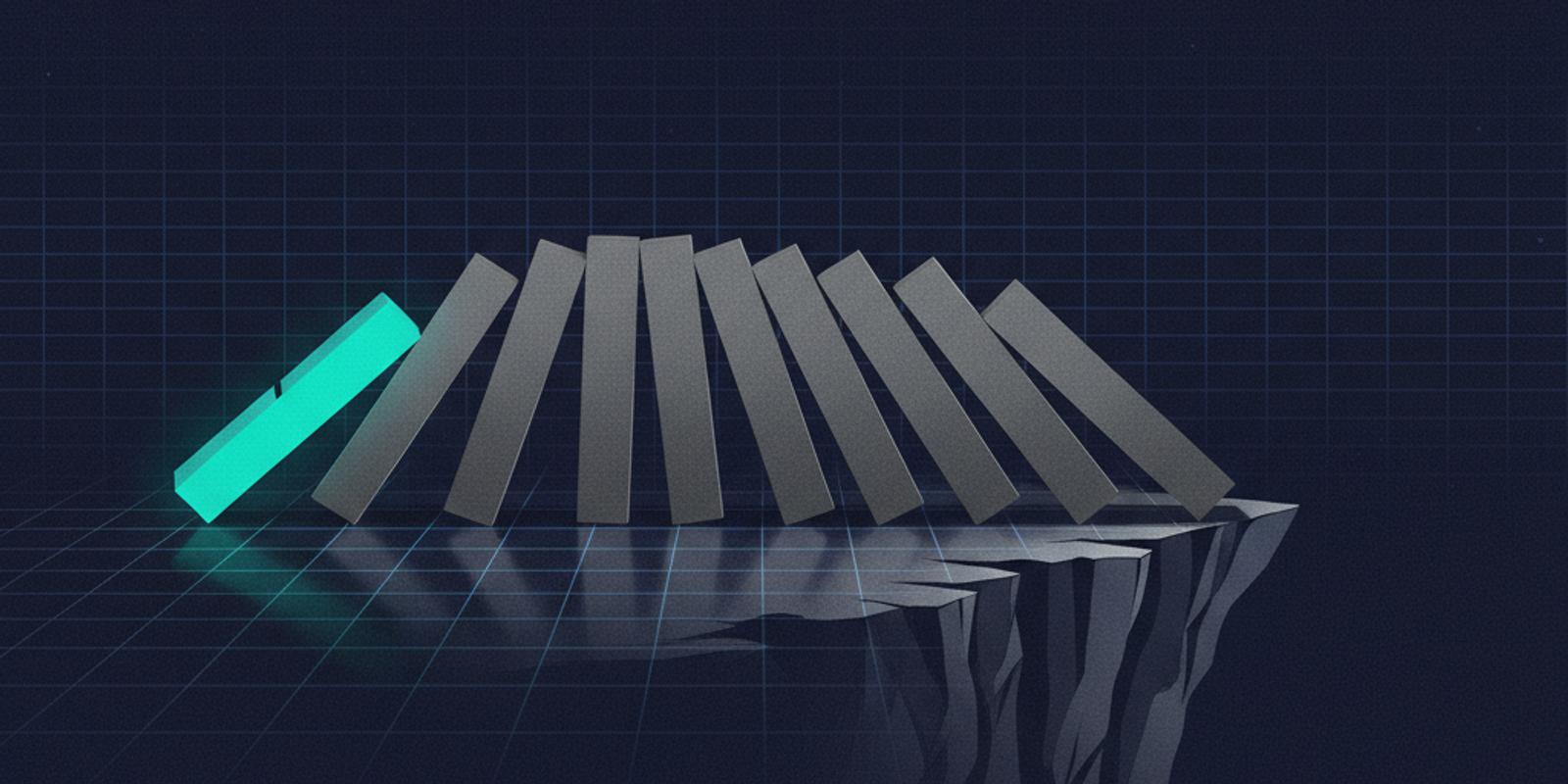 An illustration of the SPF 10-lookup limit showing a chain of dominoes, started by Salesforce, about to fall off a cliff