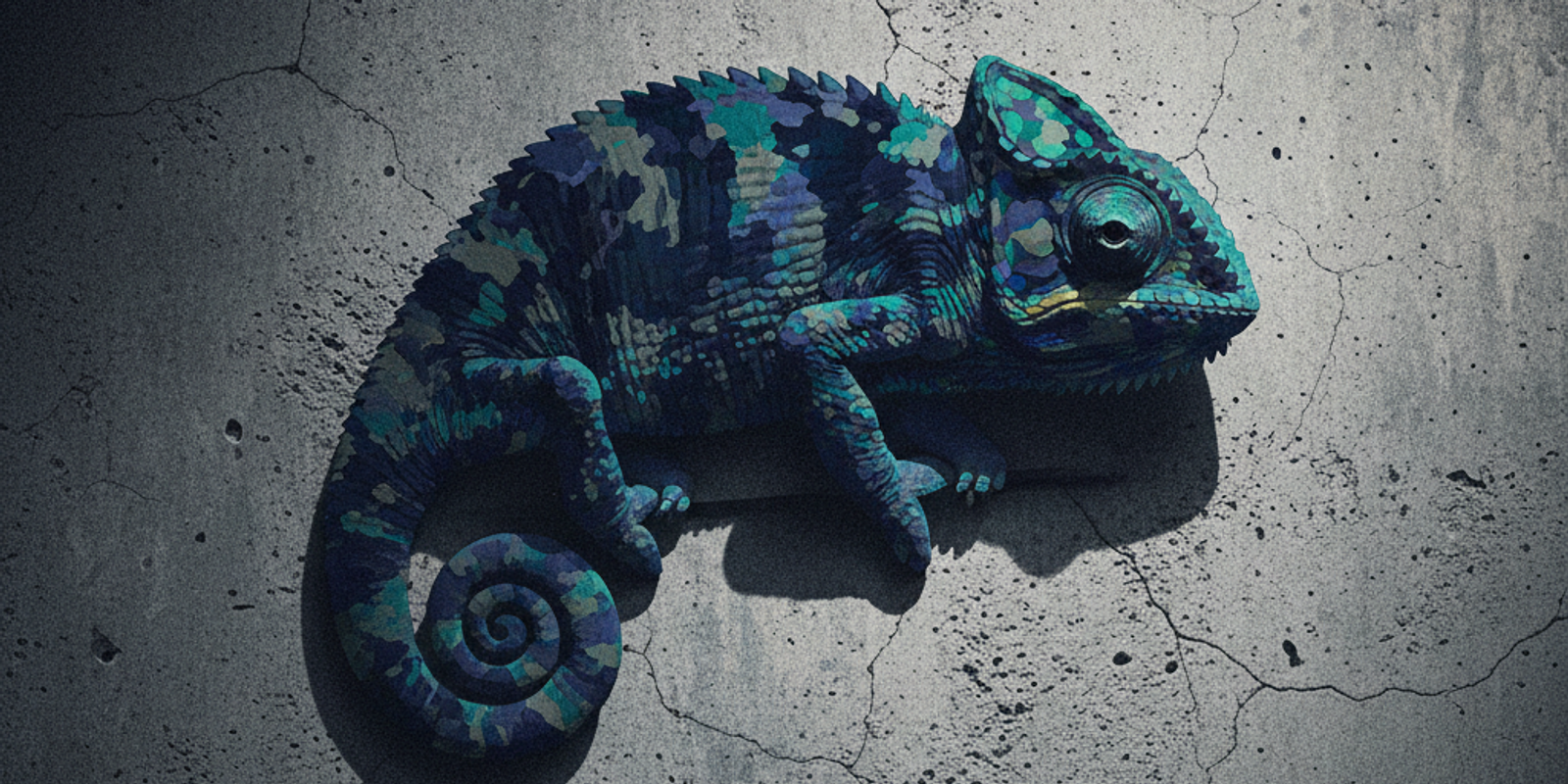 An editorial illustration of a chameleon blending into a gray wall, symbolizing a malicious domain hiding within normal