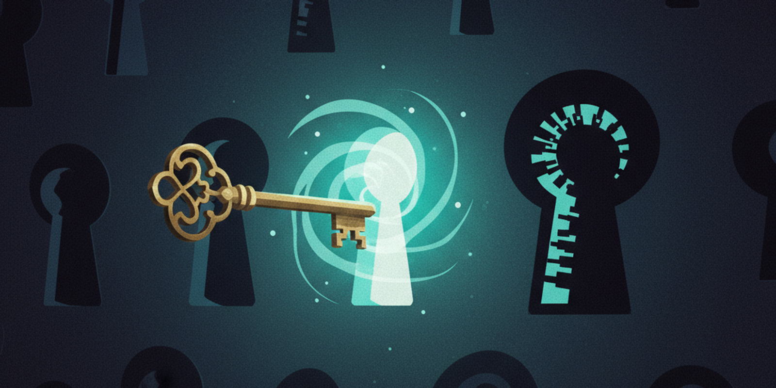 An illustration of a single BIMI key failing to fit a complex Gmail lock, while the simpler Yahoo lock next to it glows