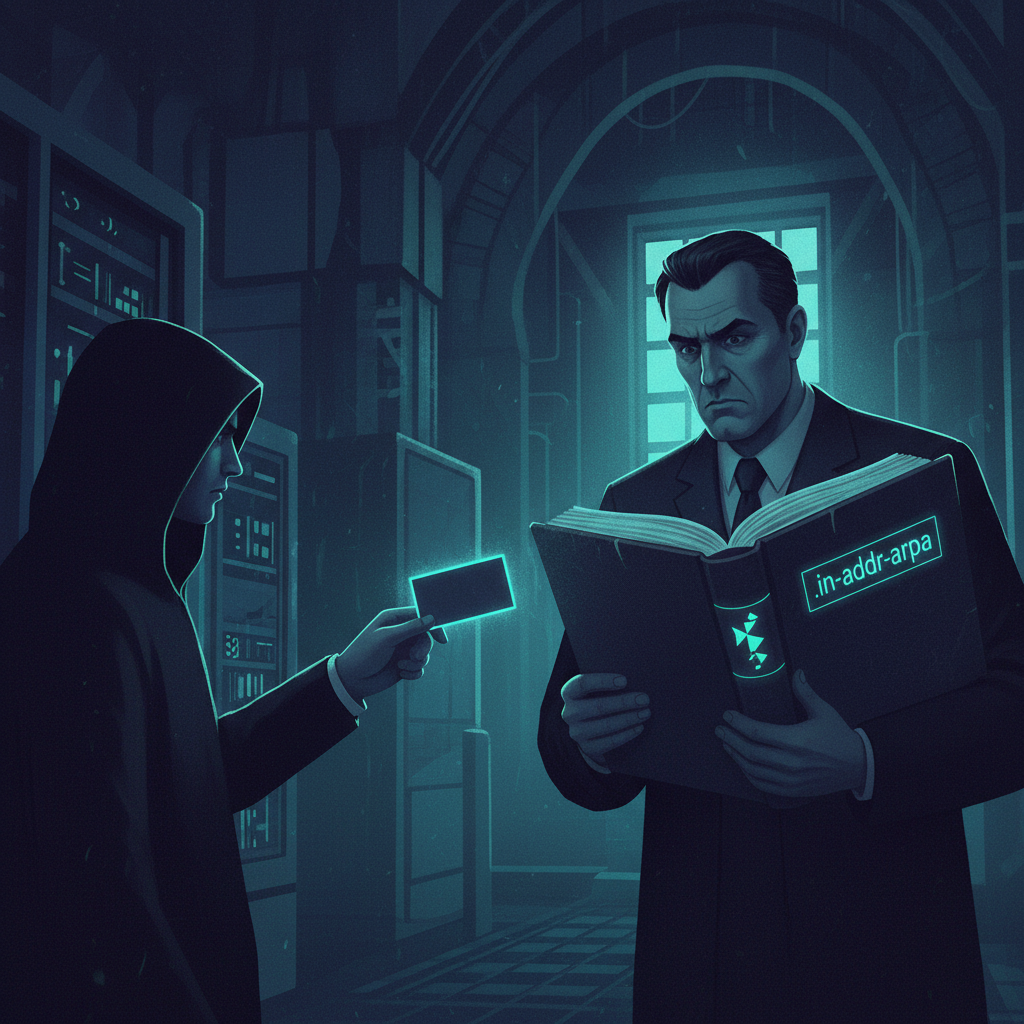 An illustration showing an email server's forward DNS record being checked against its reverse DNS entry by a skeptical 