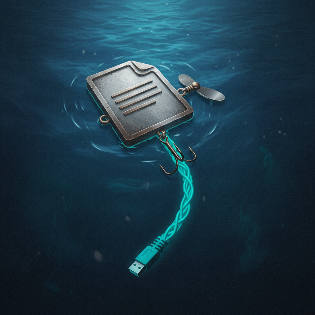 An editorial illustration of a phishing lure shaped like a document icon floating in dark water, attached to a glowing n
