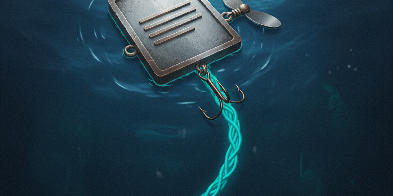An editorial illustration of a phishing lure shaped like a document icon floating in dark water, attached to a glowing n