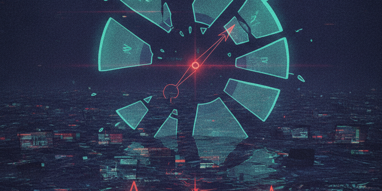 A glowing, shattered compass floating above red warning lights.