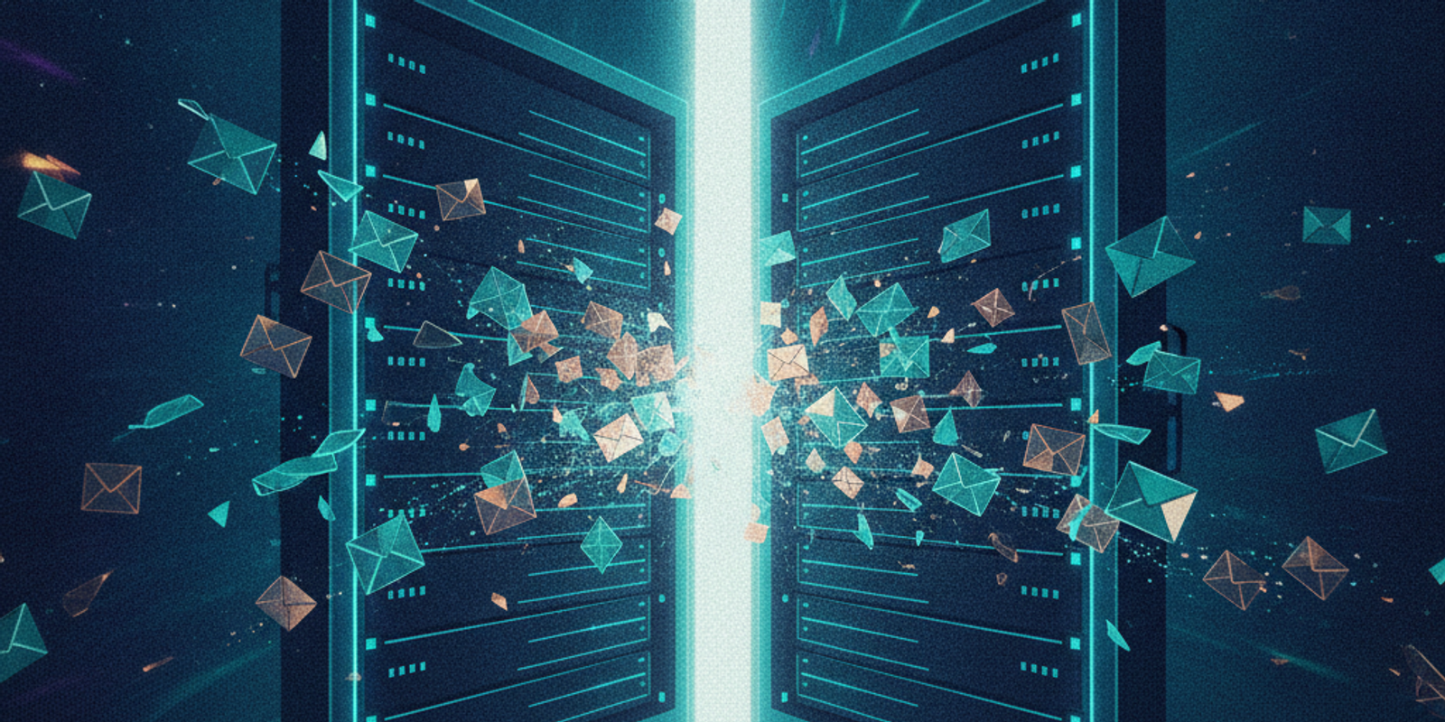 Illustration of two identical mechanical doorways fracturing glowing envelopes into separate paths