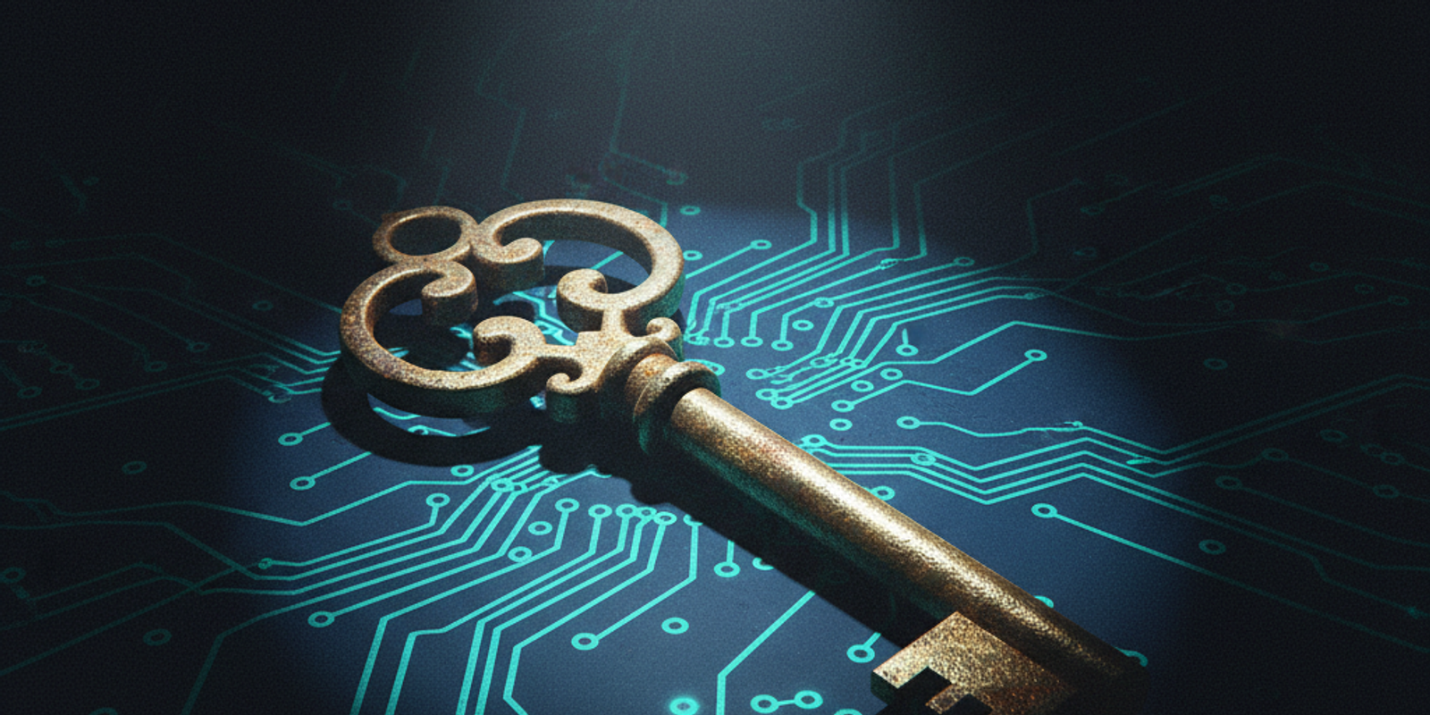 An illustration of a forgotten, rusted key on a modern circuit board, symbolizing an outdated DKIM selector as a securit