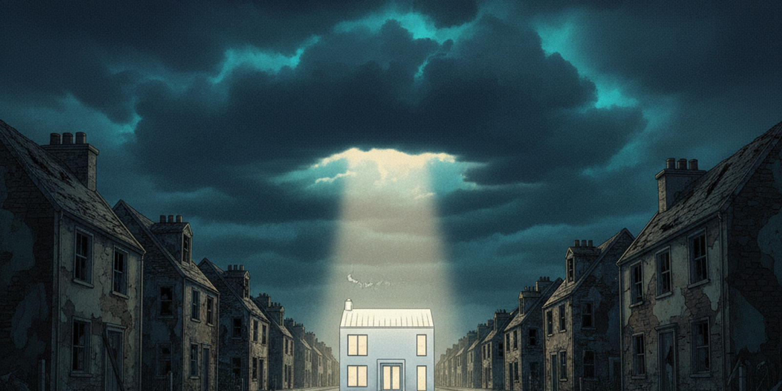 Editorial illustration showing a single clean, white house among a row of derelict houses, all under a dark cloud, symbo