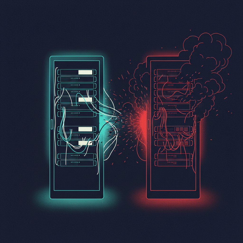 An illustration showing a clean server rack next to a malfunctioning, smoking one, symbolizing the risk of a shared IP r