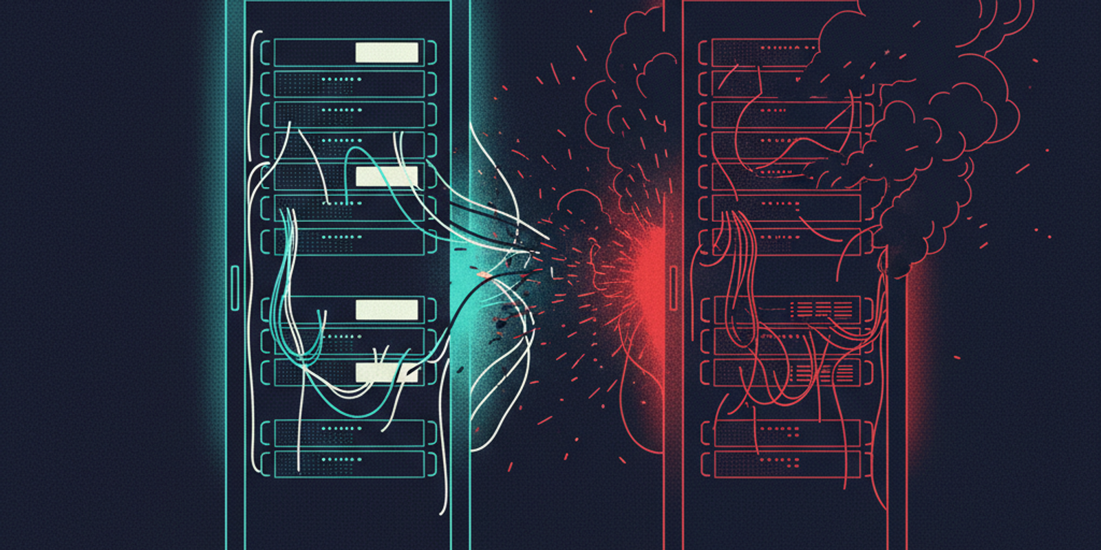 An illustration showing a clean server rack next to a malfunctioning, smoking one, symbolizing the risk of a shared IP r