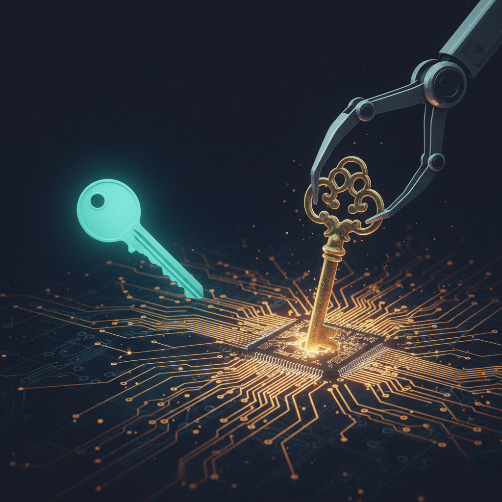 An illustration showing a large, old brass key being replaced by a new, modern key on a complex circuit board, symbolizi
