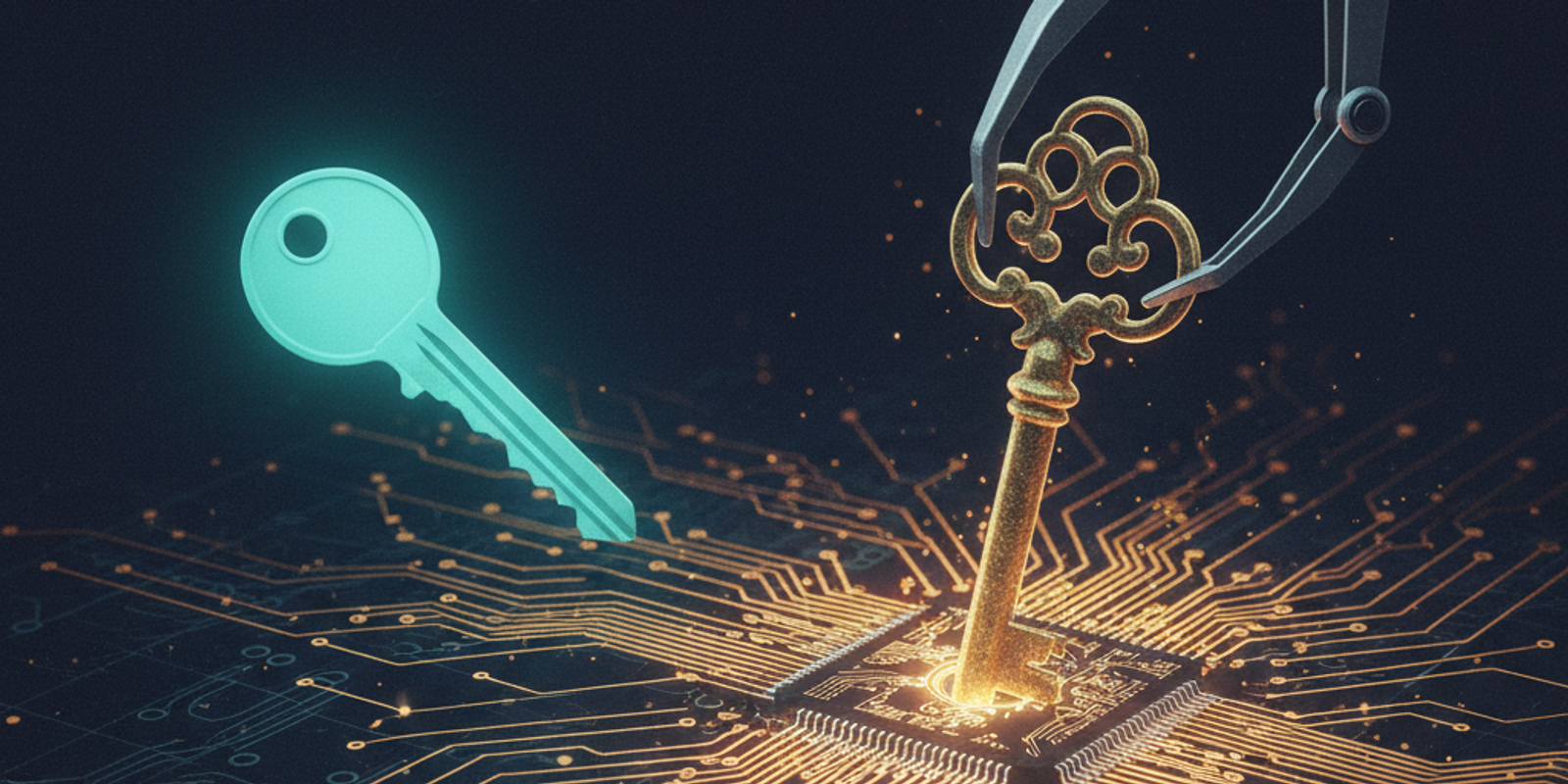 An illustration showing a large, old brass key being replaced by a new, modern key on a complex circuit board, symbolizi