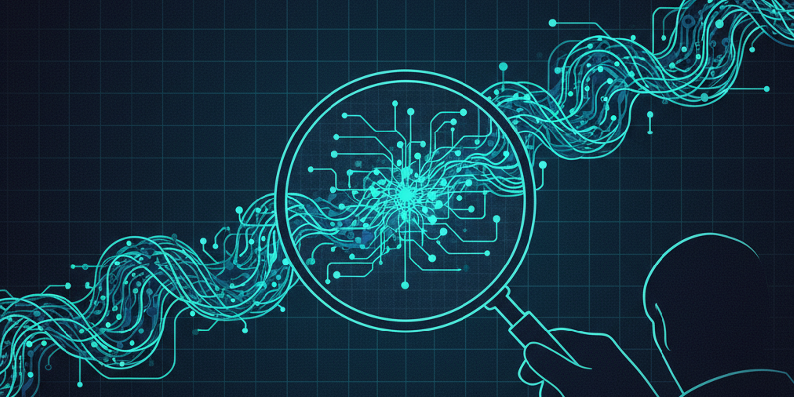 An illustration showing a single, bright data stream being inspected under a magnifying glass, contrasted with a backgro