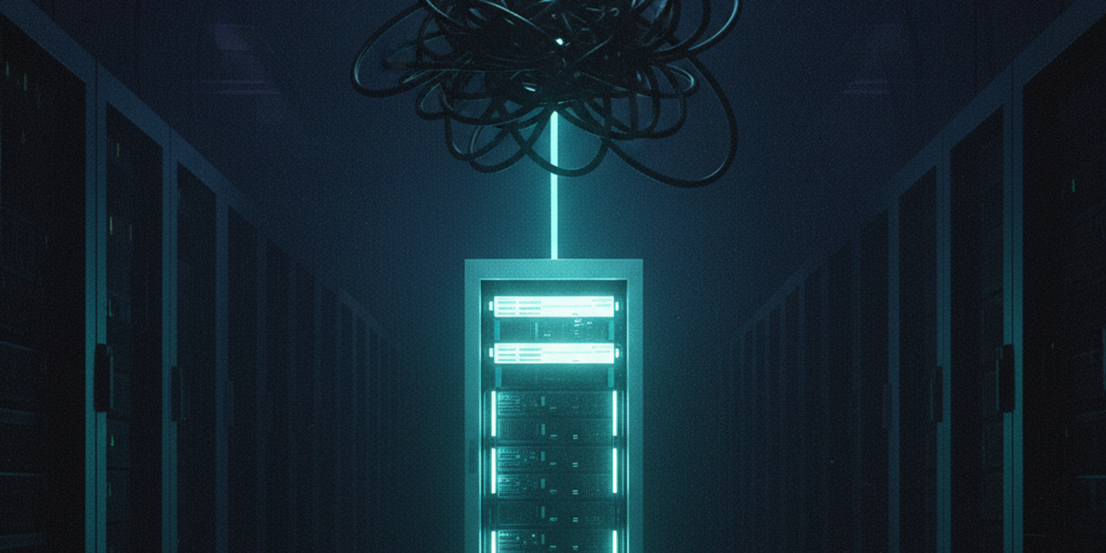An illustration of a server rack with a glowing cable that becomes tangled in a knot of other wires, symbolizing a phish