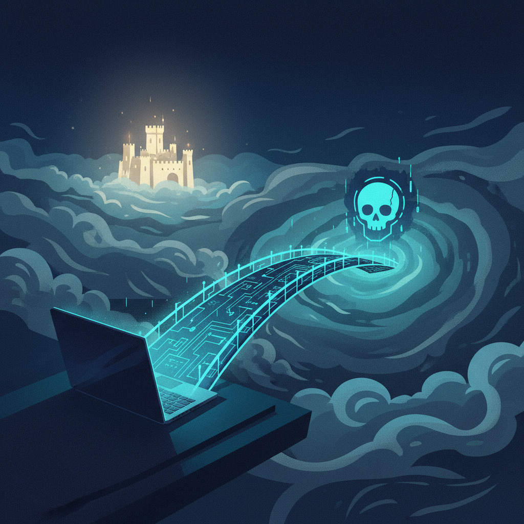 An illustration of an AiTM phishing attack where a proxy bridge intercepts a user's connection, diverting it from the se