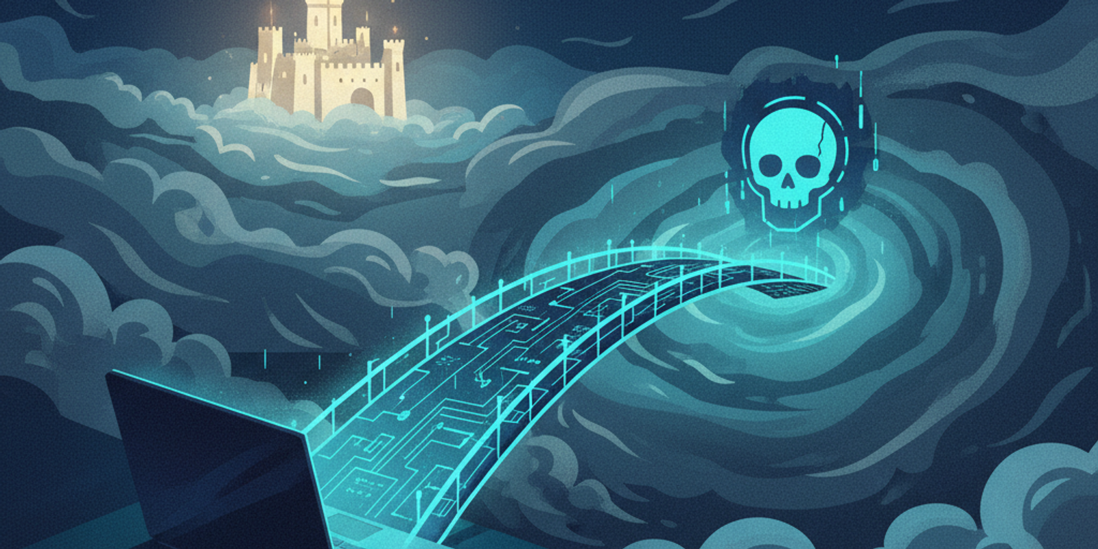 An illustration of an AiTM phishing attack where a proxy bridge intercepts a user's connection, diverting it from the se