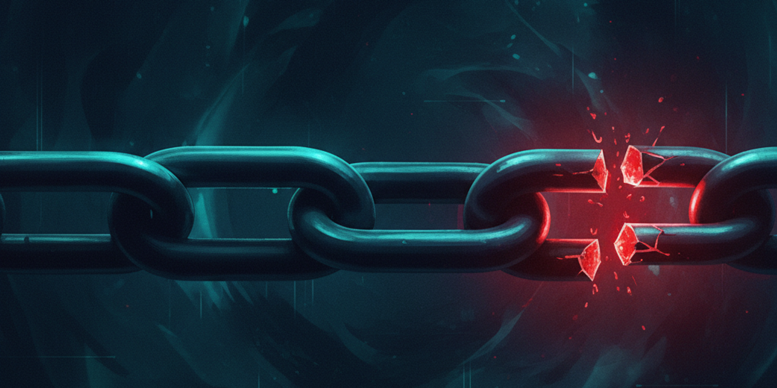 An illustration of a chain representing an SPF record's trust, with one broken link glowing red, symbolizing a compromis