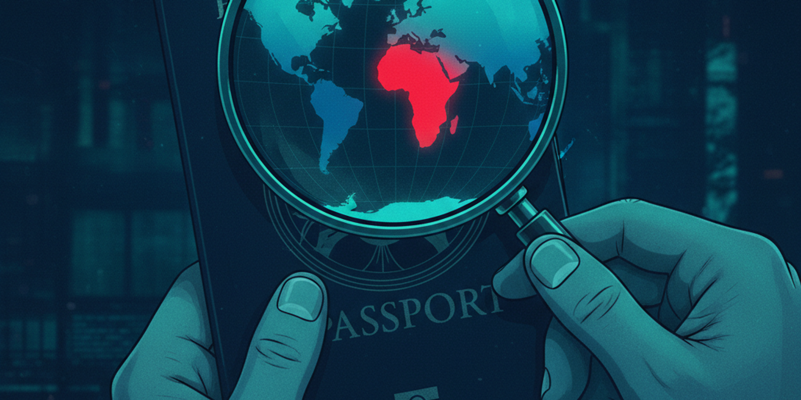Illustration of hands holding a passport, with a magnifying glass revealing a world map showing a highlighted location i