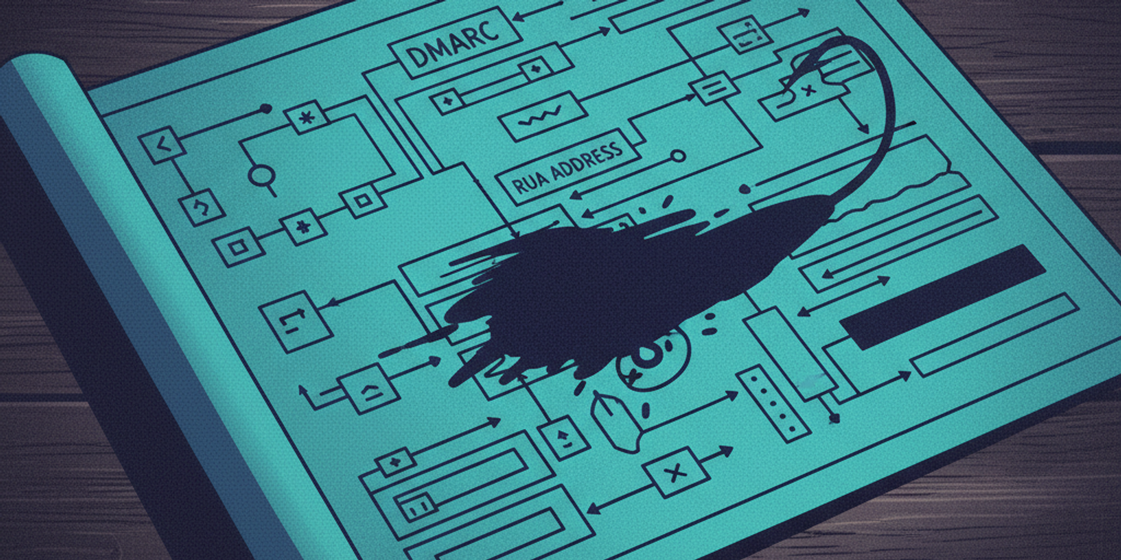 A conceptual illustration of a technical blueprint representing a DMARC record, where a smudged component casts a shadow