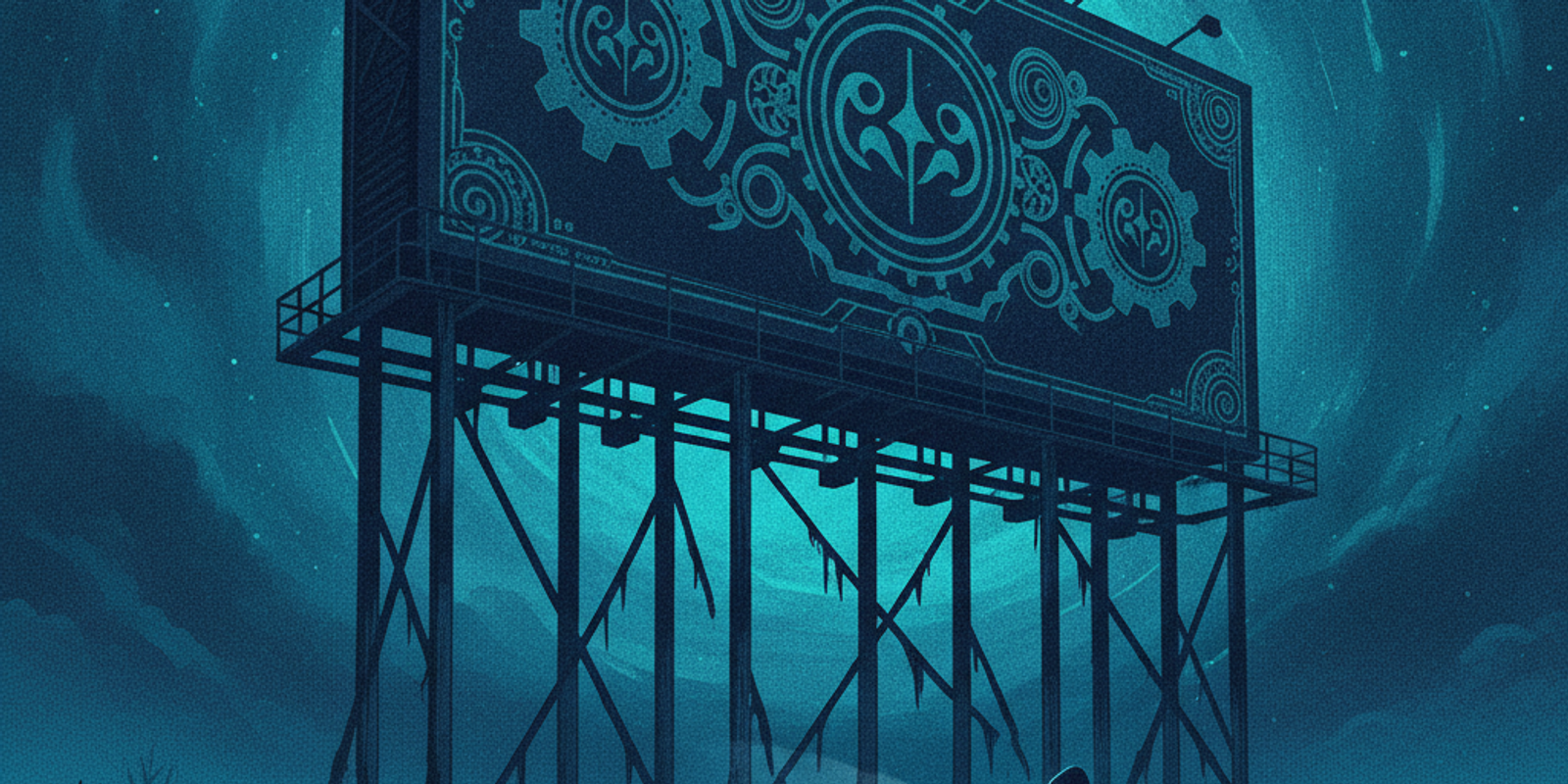 A heavy corporate billboard precariously supported by weak, rotting wooden stilts in a dark field.